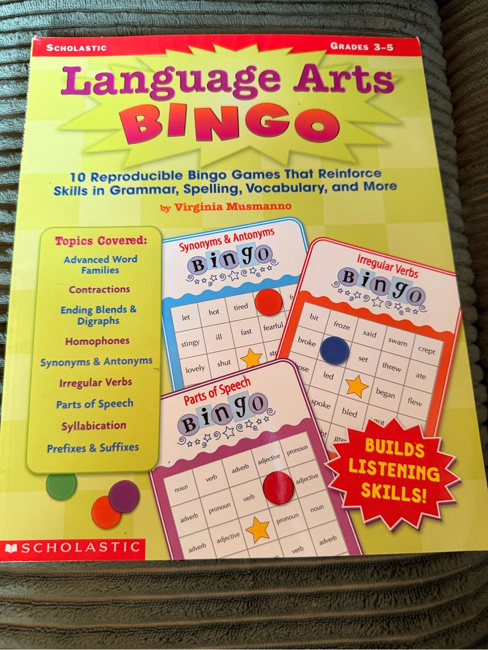 Scholastic Language Arts Bingo — Yellow Box with Red and Purple Accents